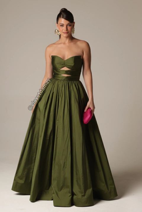 Vestido de festa longo, tomara que caia, decote coração e recorte central - Verde Oliva