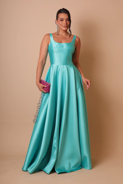 Vestido de festa longo em Zibeline, decote canoa e busto estruturado - Tiffany