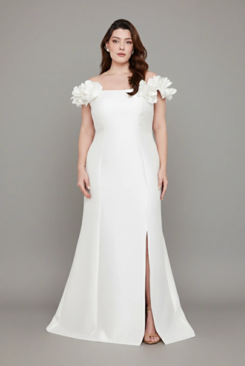 Vestido de noiva longo, com alças e aplicação de flores e fenda - Branco