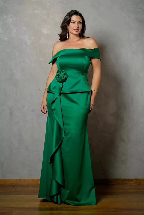 Vestido de festa longo, ombro a ombro com detalhe de flor - Verde Esmeralda