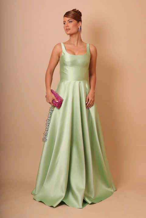 Vestido de festa longo em Zibeline, decote canoa e busto estruturado - Verde Menta
