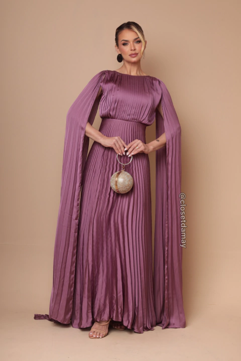 Vestido de festa longo, plissado, com capa - Lavanda