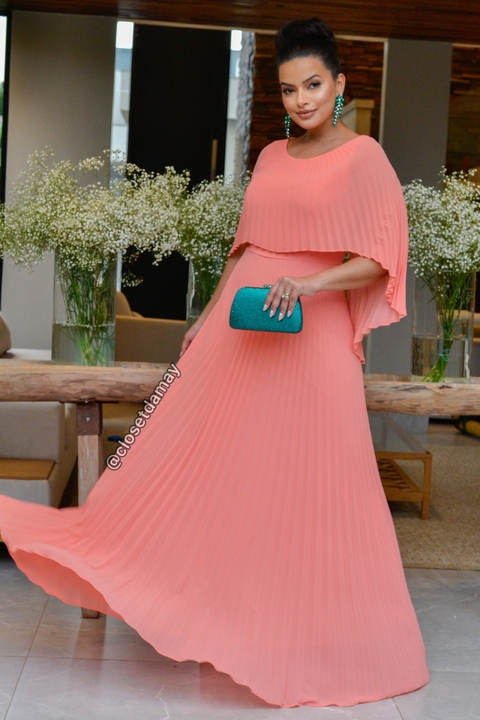Vestido de festa longo, plissado com capa - Salmão