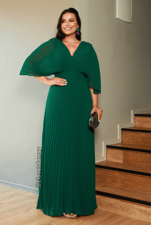 Vestido de festa longo, com decote v, plissado - Verde Esmeralda