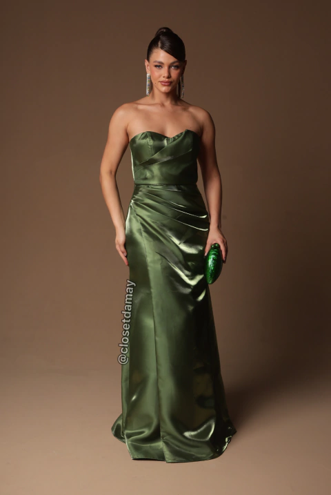 Vestido de festa longo, em zibeline glow, tomara que caia e drapeado lateral - Verde Oliva