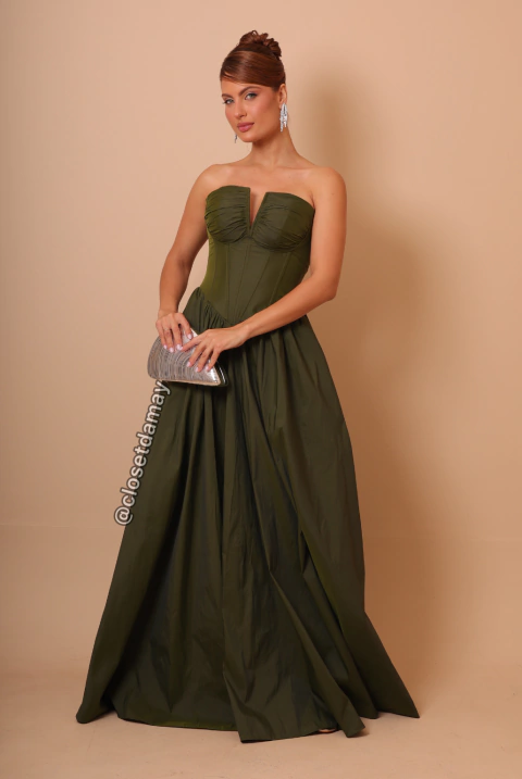 Vestido de festa longo, tomara que caia, corset com drapeado no busto - Verde Oliva