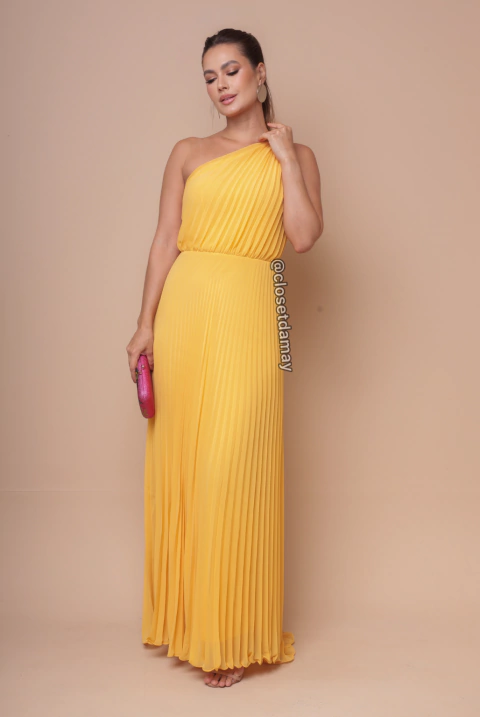 Vestido de festa longo plissado, decote assimétrico e com faixa removível - Amarelo