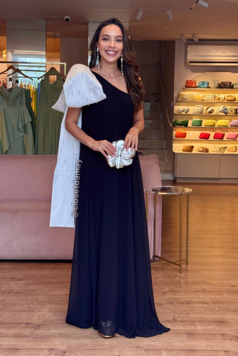 Vestido de festa longo, decote assimétrico com laço removível - Preto