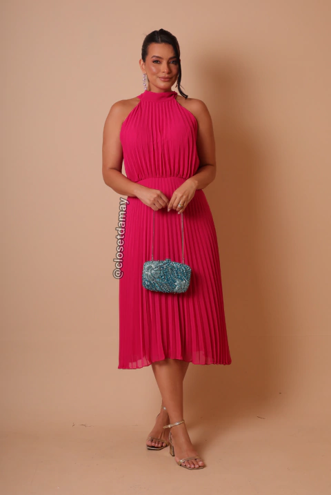 Vestido de festa midi, em crepe de seda, plissado - Rosa Pink