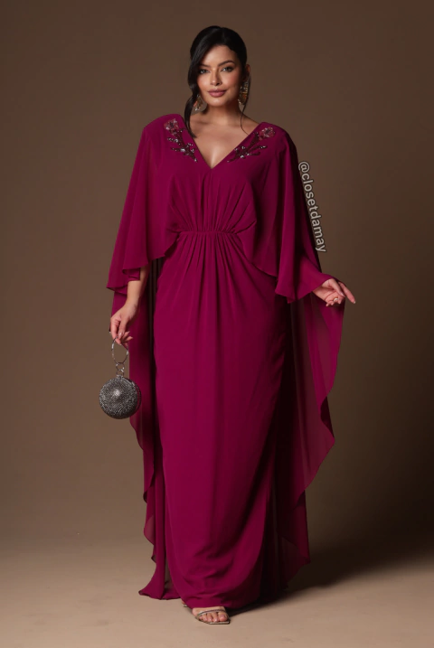 Vestido de festa longo, com capa e decote em v - Roxo