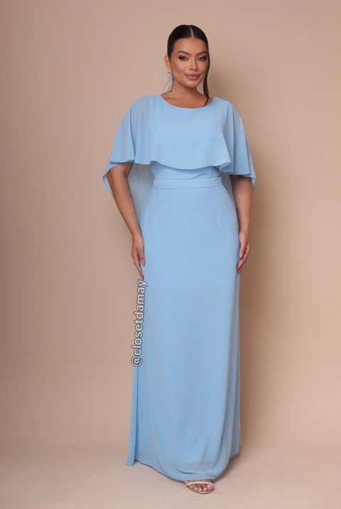 Vestido de festa longo, Plus Size com capa fluida e flor removível - Azul Serenity
