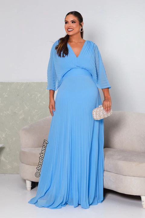 Vestido de festa longo, com decote v , plissado - Azul Serenity