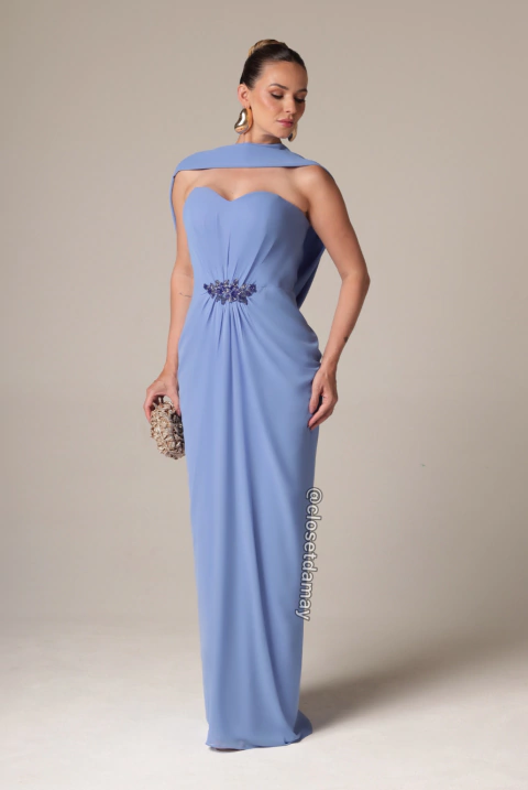 Vestido de festa longo, tomara que caia, franzido central e bordado de vidrilho - Azul Serenity