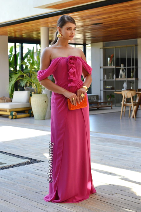Vestido de festa longo, busto estruturado, tomara que caia com manga degagê - Rosa Pink