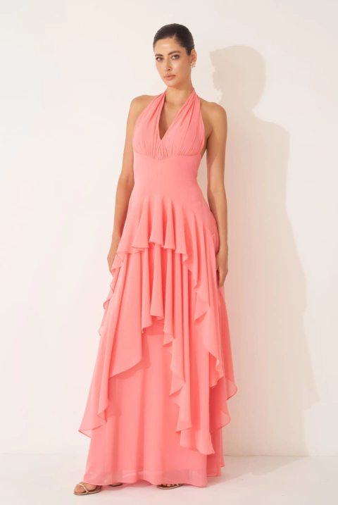 Vestido de festa longo, frente único, decote em v com camadas assimétricas - Coral