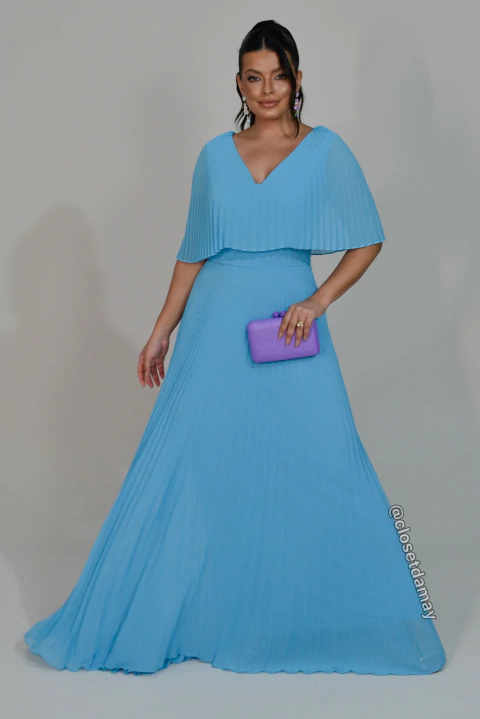 Vestido longo plissado e busto sobreposto - Azul Serenity
