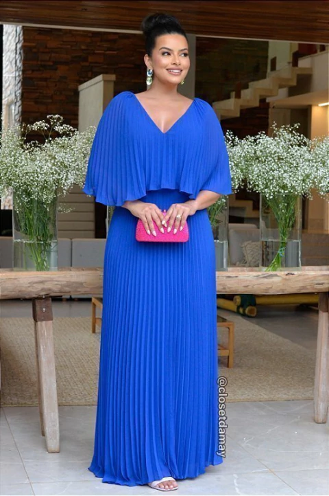 Vestido de festa longo, plissado com decote em v - Azul Royal