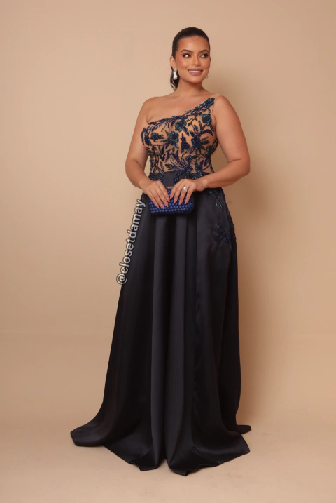 Vestido de Festa longo, decote assimétrico com saia em zibeline - Azul Marinho