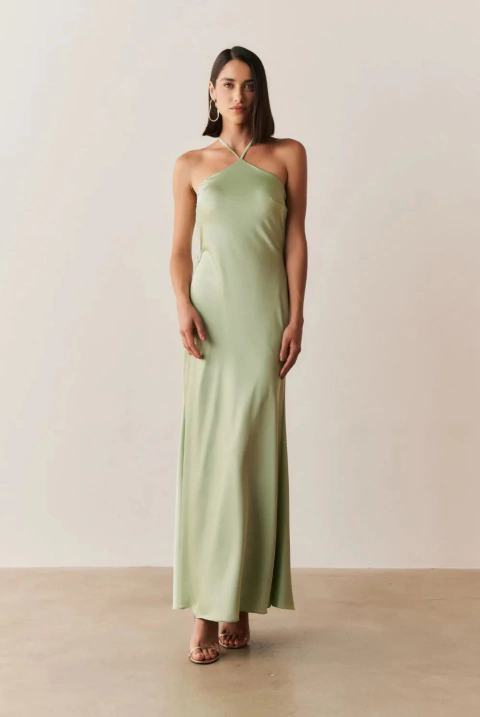 Vestido de festa longo, frente única com amarração - Verde Menta