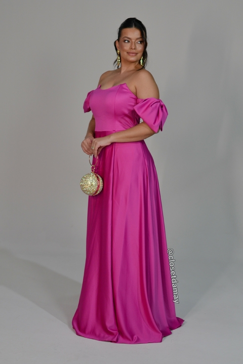 Vestido de festa longo, ombro a ombro com mangas de laço e fenda - Rosa Pink