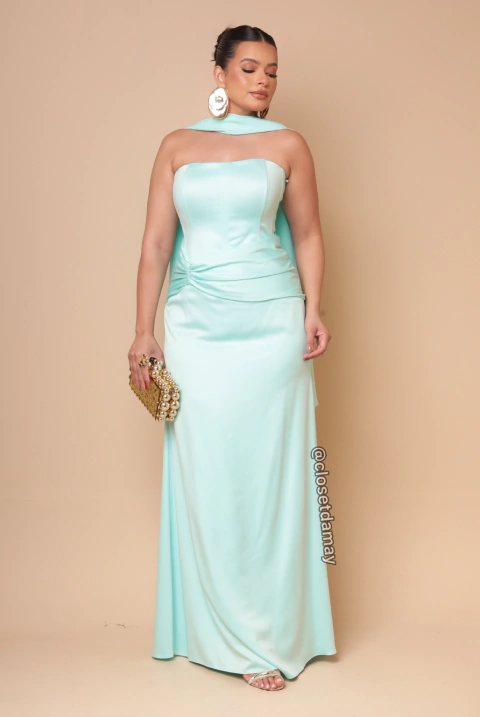 Vestido de festa longo, tomara que caia, crepe acetinado e drapeado no quadril - Tiffany