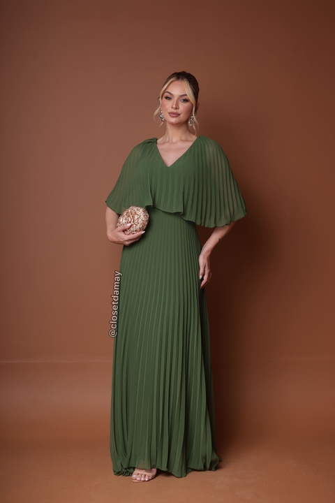 Vestido de festa longo plissado e busto sobreposto - Verde Oliva