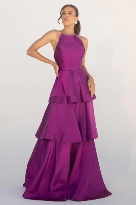 Vestido de festa longo, em zibeline, frente única, com saia em camadas - Fucsia