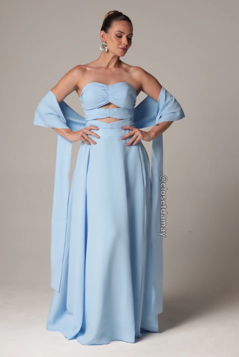 Vestido de festa longo, tomara que caia, busto drapeado e vazado e faixa - Azul Serenity