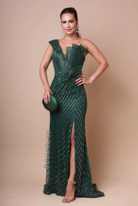 Vestido de festa longo, decote assimétrico em tule bordado e fenda - Verde Esmeralda