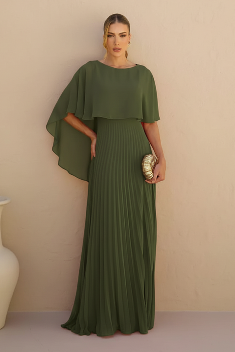 Vestido de festa longo, plissado com capa fixa - Verde Oliva