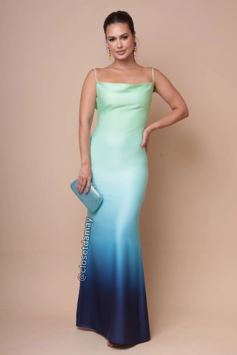 Vestido de festa longo, com alças finas em degrade - Verde Menta e Azul