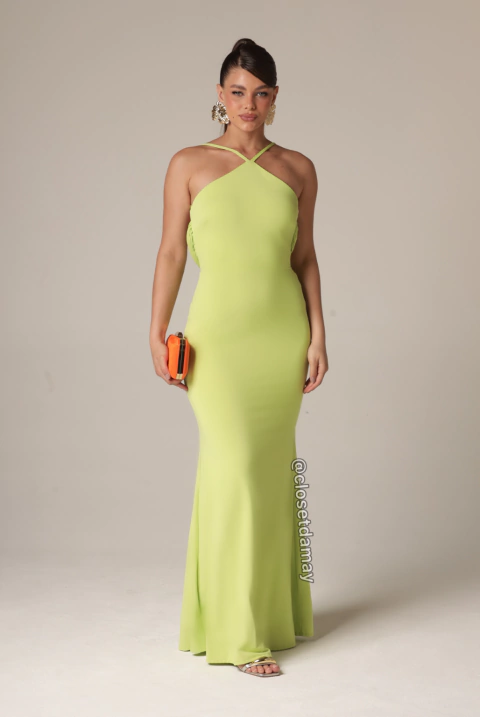 Vestido de festa longo, frente única com alças finas, decote degagê nas costas e saia sereia - Verde Lima