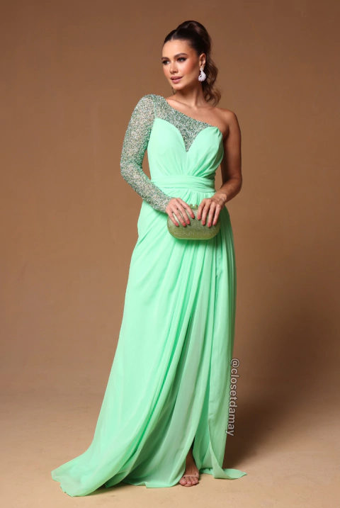 Vestido de festa longo, nula manga, drapeada na cintura, bordado em pedraria - Verde Menta