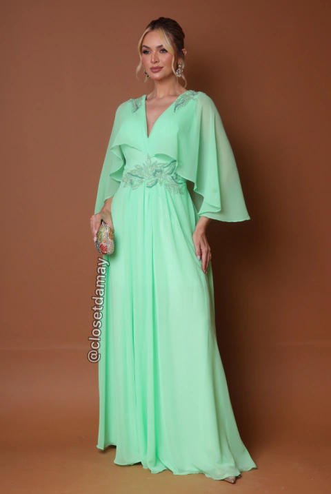 Vestido de festa longo, com fenda e bordado em pedraria - Verde Menta