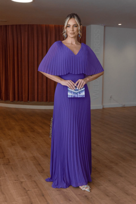 Vestido de festa longo, plissado e busto sobreposto - Roxo