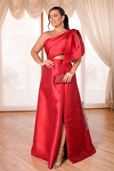 Vestido de festa longo, em zibeline, nula manga, com recorte na cintura - Vermelho