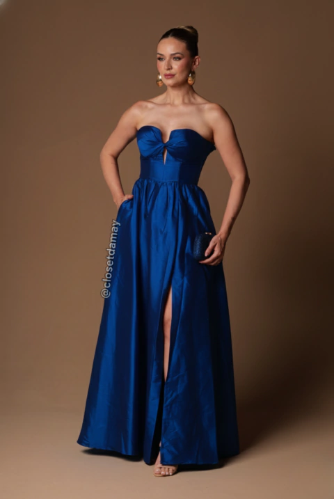 Vestido de festa longo, tomara que caia com decote em V e fenda - Azul Royal