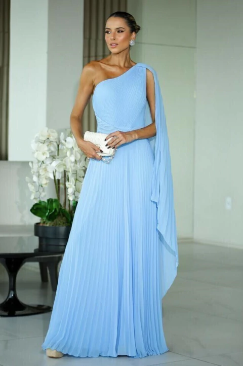 Vestido de festa longo, decote assimétrico plissado com capa - Azul Serenity