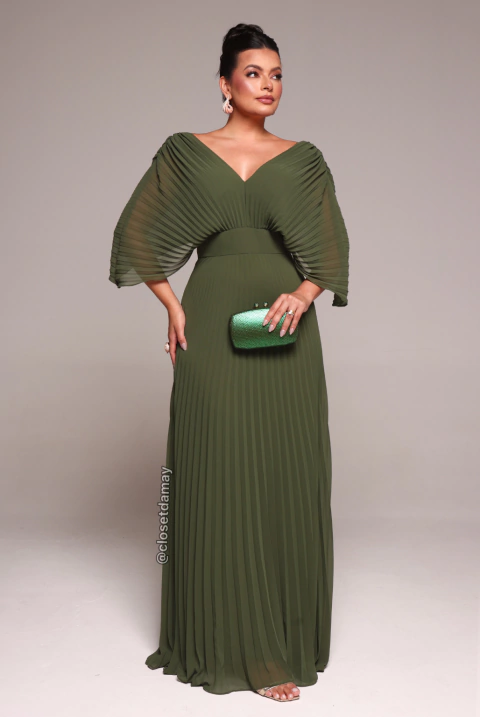 Vestido de festa longo, com decote v , plissado - Verde Oliva
