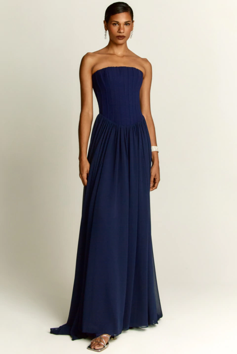Vestido de festa longo, tomara que caia com amarração nas costas - Azul Marinho