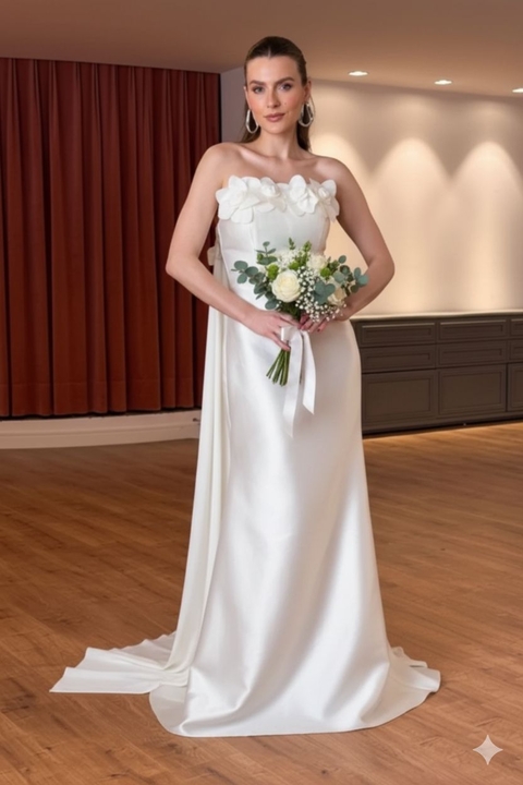 Vestidos de noiva longo, tomara que caia com aplicações de flores e capa removível - Branco