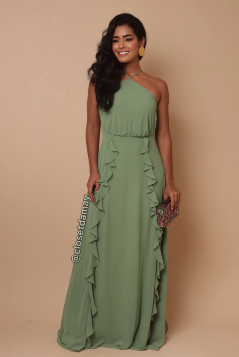 Vestido de festa longo, frente única com detalhe em babados - Verde Menta