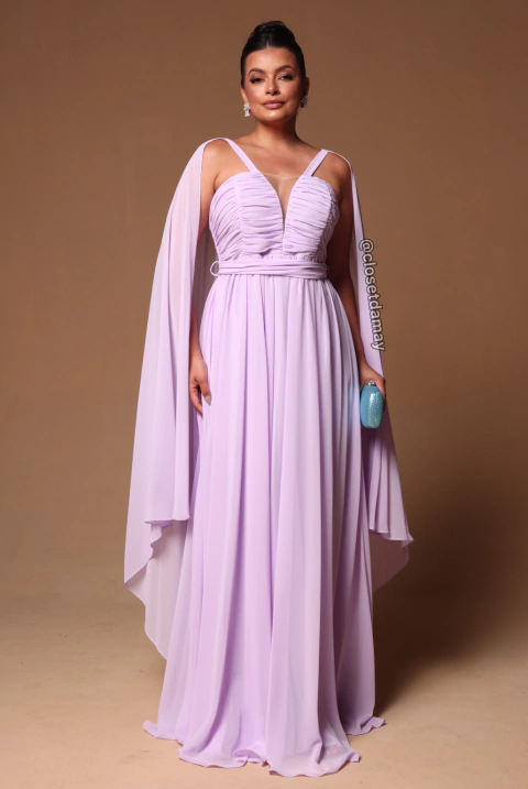 Vestido de festa longo, com drapeado no busto, decote em v, alças e capa -Lavanda
