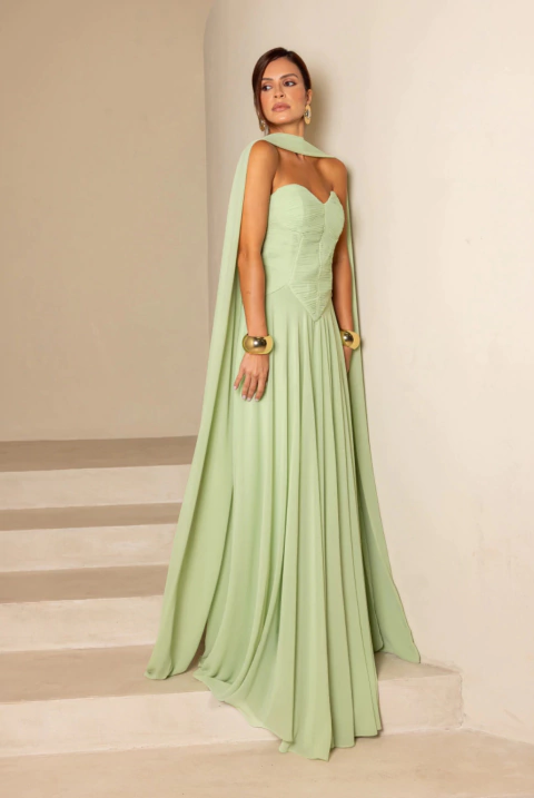 Vestido de festa longo, tomara que caia, decote coração corset - Verde Menta