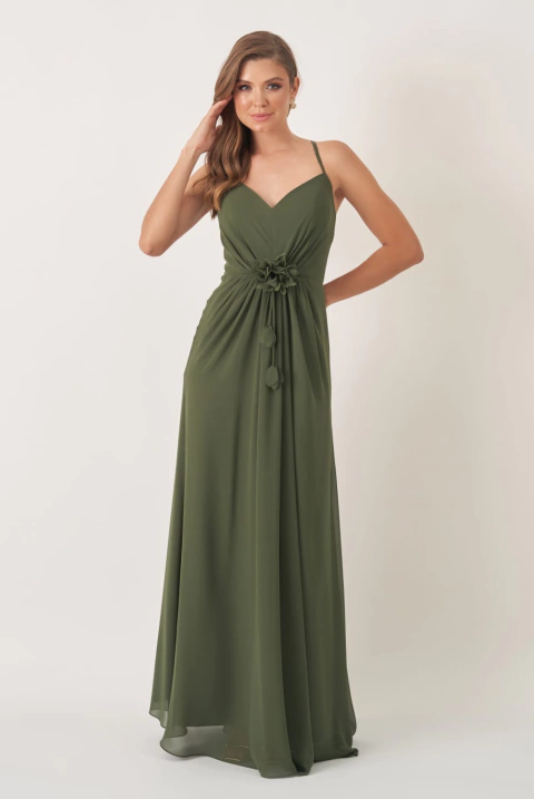 Vestido de festa longo, alças finas, decote cruzado e franzidos centrais - Verde Oliva
