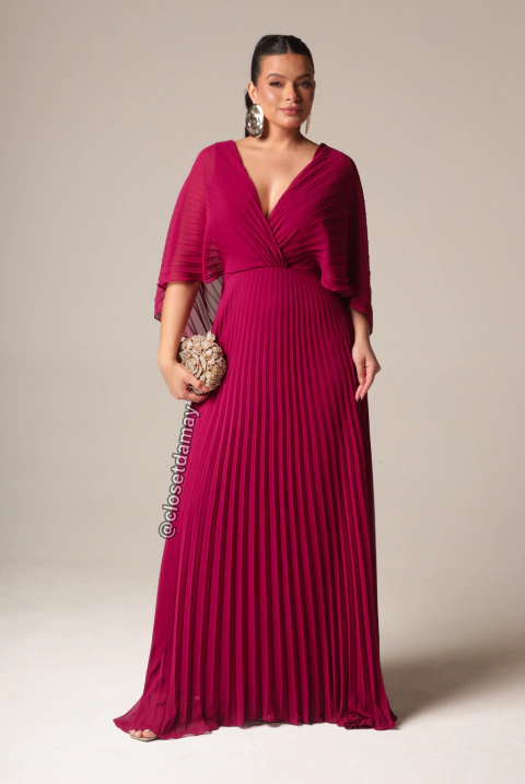Vestido de festa longo, plissado com decote V, com capa fixa - Marsala