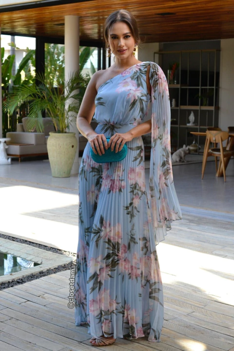 Vestido de festa longo, decote assimétrico plissado e estampa floral - Azul Serenity