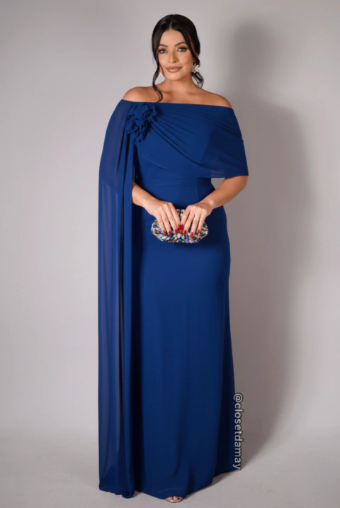 Vestido de festa longo, decote canoa com camada sobreposta flor removível - Azul Royal