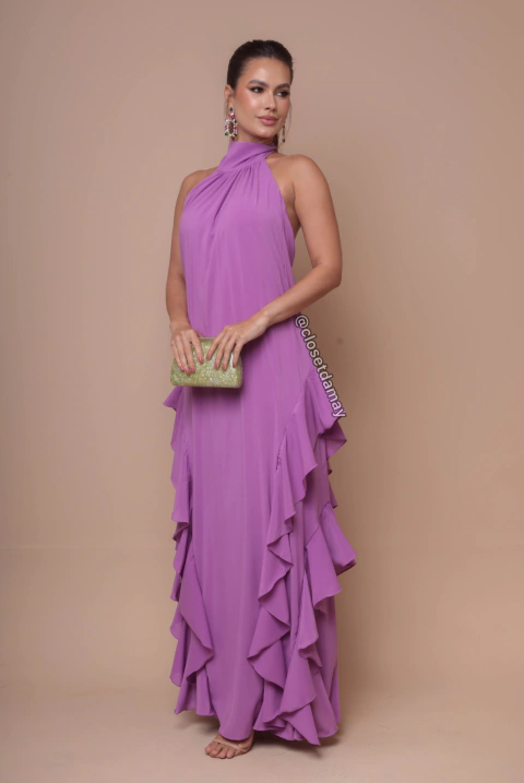 Vestido de festa longo frente única, com babados na saia - Lavanda