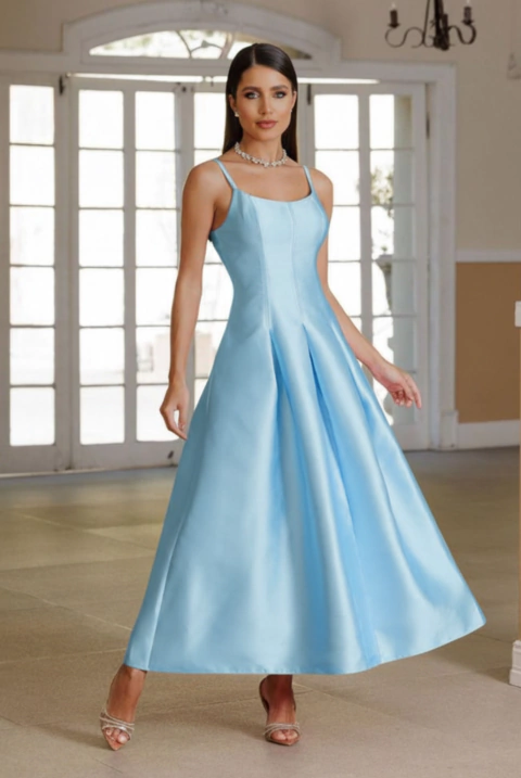 Vestido de festa midi, alças finas, decote em U nas costas e saia rodada - Azul Serenity